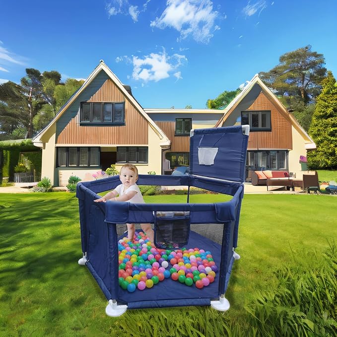 Portable Baby Ball Pit Playpen Playard Fence Playtent with Basketball Hoop Breathable Mesh for Indoors Outdoors Toddler Kids Large Blue 6-Panel