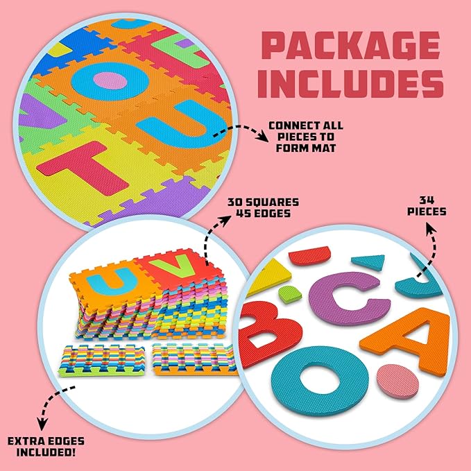 TOYVELT Foam Puzzle Floor Mat for Kids 12x12-30 Interlocking Play Mat Tiles with Colors, Alphabet, ABC - Educational Large Puzzle Foam Floor Tiles for Crawling, Exercise, Playroom, Play Area
