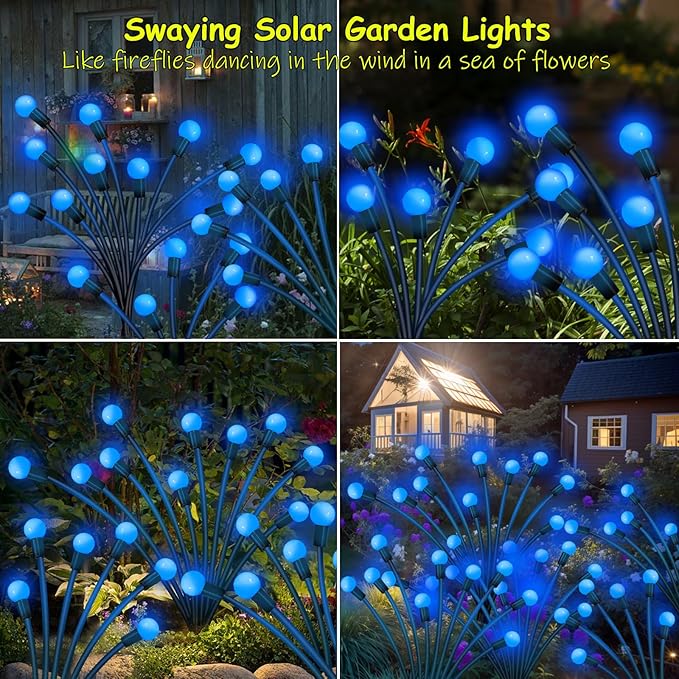 Kohlrabi Solar Garden Lights Outdoor, 6 Pack 60 LED Firefly Lights, Waterproof, Sway by Wind, for Yard, Patio, Backyard, Garden, Planter, Flower Bed, Pathway Decoration