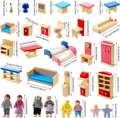 Sumind Wooden Doll House Furniture and Accessories Set With 27 Pieces Furniture, 8 Family Figures for Dollhouse Family Set