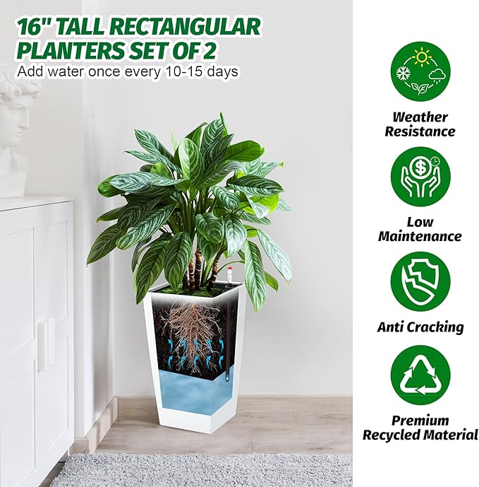 16" Tall Planters Set of 2, Outdoor＆Indoor Black Planter Pots, High Front Porch Planter Pots with Drainage Holes＆Water Level Monitor＆Inner Bucket, Automatic Watering,White