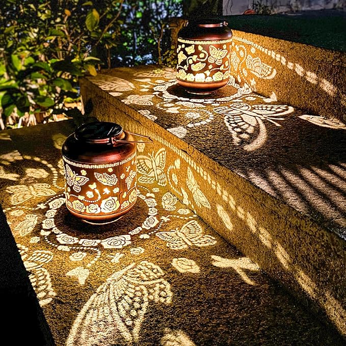 2 Pack Butterfly Outdoor Solar Hanging Lanterns Waterproof LED Solar Lights Metal Decorative Lanterns for Garden, Patio, Courtyard, Backyard, Yard Decor Unique Butterfly Gifts for Women Gardening