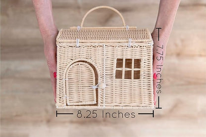 Rool Rattan House Shaped Basket Wicker Small Dollhouse Gift for Girls, Boho Toys, Mouse in a Box House, Little Girl Purse Clutch, Doll Carrier (Cream)