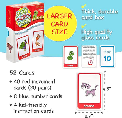 Animal Movement Cards, Exercise Cards for Kids - Play Fun Animal Matching Game - Snap, Memory, Matching & Go Fish. Movement Flash Cards for Home, Recess, & School Physical Education Equipment
