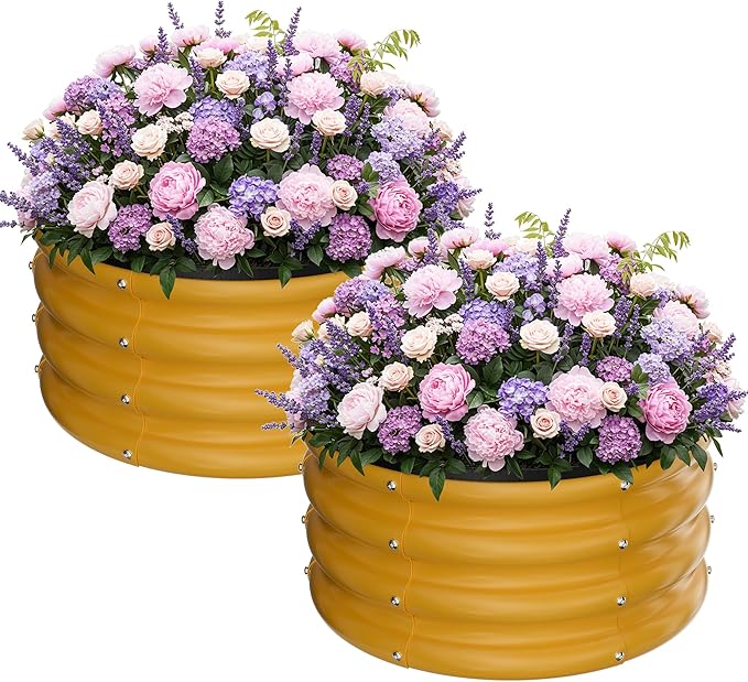 ZXZYHFTY Round Galvanized Raised Garden Bed kit,Yellow Outdoor Garden Raised Planter Box, Round Large Metal Raised Garden Beds for Vegetable 2 * 2 * 1ft 2 Pcs