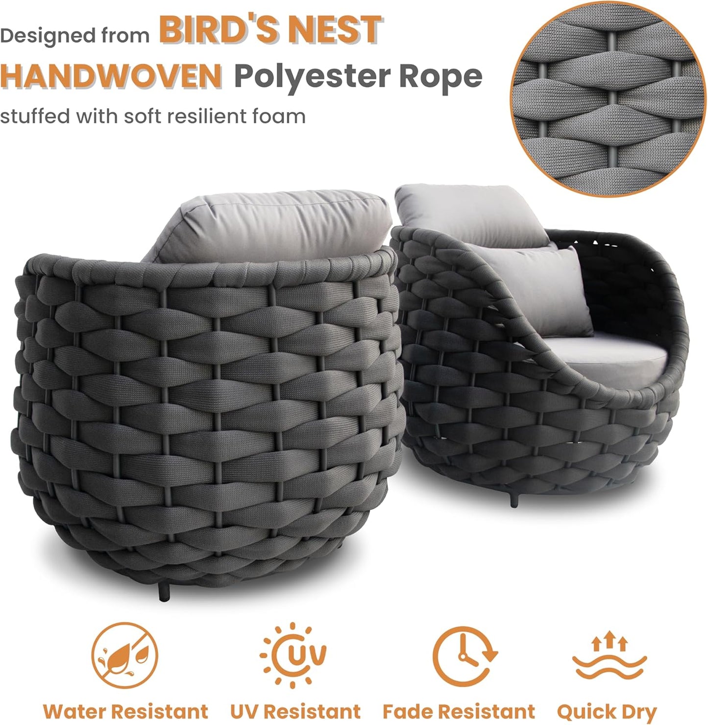 Lanai Outdoor Furniture Sofa Set: 6-Piece Aluminum Woven Rope Patio Conversation Set w/Table - Modern Cushions Couch Set - No Assembly Porch Seating for Deck Yard Garden Pool Hotel Resort