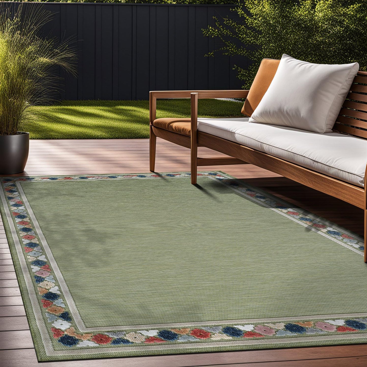 Beverly Rug Outdoor Rug 6x9 Modern Bordered Area Rugs for Indoor and Outdoor Patio Easy to Clean Non Shedding Living Room Porch Garden Washable Outside Carpet (6 x 9 Green)