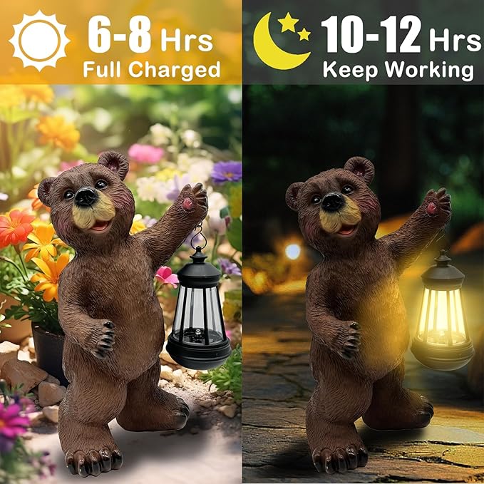 Solar Lantern Garden Statues Decor, Outdoor Bear Figurine Lights for Yard Patio Decoration - Unique Christmas Housewarming Gift for Grandma Wowen Mom Brown