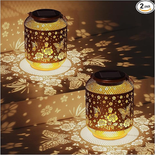 2 Pack Butterfly Solar Lanterns Outdoor Waterproof Rose Garden Decor Gifts for Women Mom Grandma Hanging Solar Lights Metal Lantern Decoration Outside for Yard, Patio, Backyard, Porch