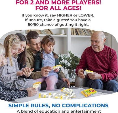 QUOKKA Trivia Board Games for Kids and Adults - Version V2.0 - Family Night Board Game 4xSet Higher or Lower Trivia Cards | Guess Fun Questions | 2 + Players - Challenge Your General Knowledge