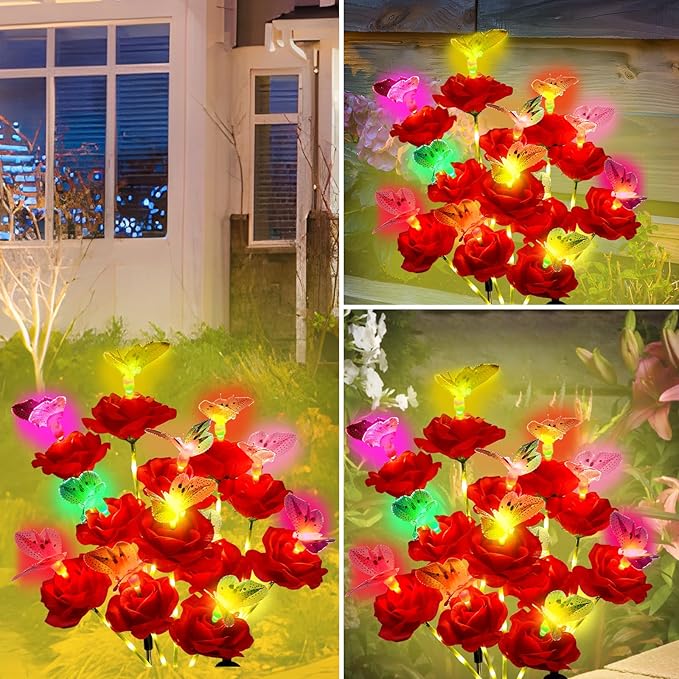 Solar Butterfly Rose Garden Lights Outdoor Waterproof Decorative Flower Garden Decor Yard Patio Lawn Outdoor, Gifts for Mother's Day3 Pack Gifts for Women (Butterfly Rose)