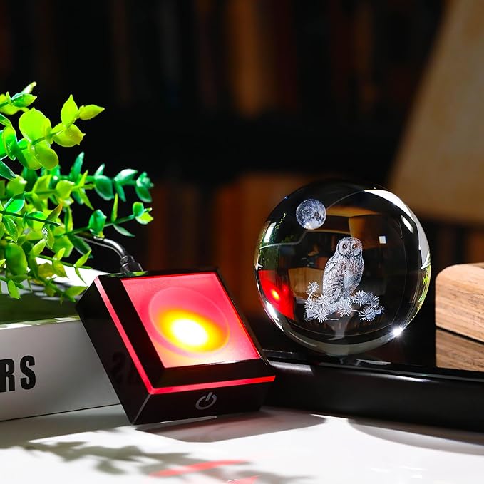 Qianwei Owl Gifts for Women 3D Crystal Ball 3.14'' - Laser Owl Decor Glass Animals Bird Figurines Statue Stuff for Room Decorations Bird Night Light