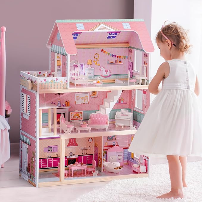 ROBUD Wooden Dollhouse, Doll House Playset with 24-pcs Exquisite Accessories, Working Elevator, Gift for Ages 3+
