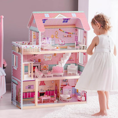 ROBUD Wooden Dollhouse, Doll House Playset with 24-pcs Exquisite Accessories, Working Elevator, Gift for Ages 3+
