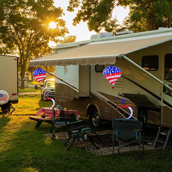 BATTIFE 2Pcs Patriotic Hot Air Balloon Wind Spinner, American Flag Kinetic Wind Twister with Tail, Outdoor Spiral Windmill Garden Yard, 4th of July Hanging Decoration