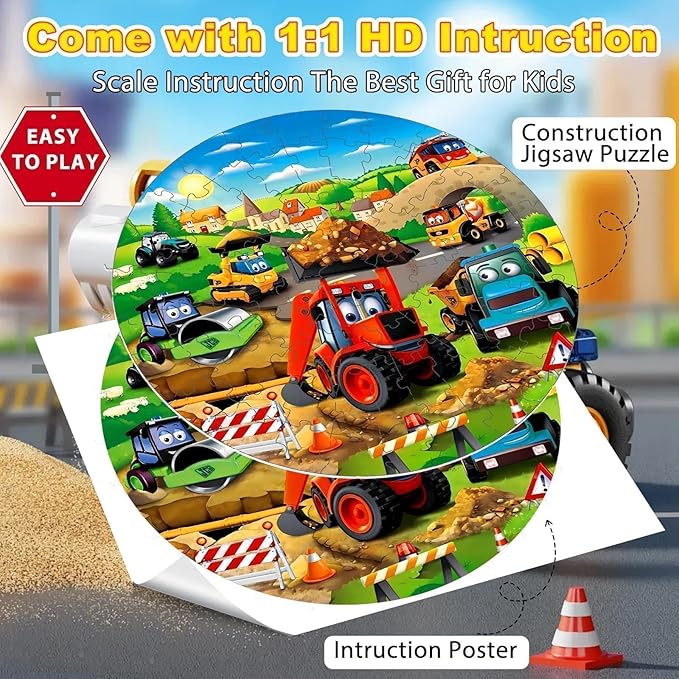 Christmas Floor Puzzles Monster Truck for Kids Ages 3 5, 71pcs Construction Site Large Jigsaw Toddler Puzzles, Children Learning Preschool Educational Toys Birthday Gift for 4 6 8 Years Old