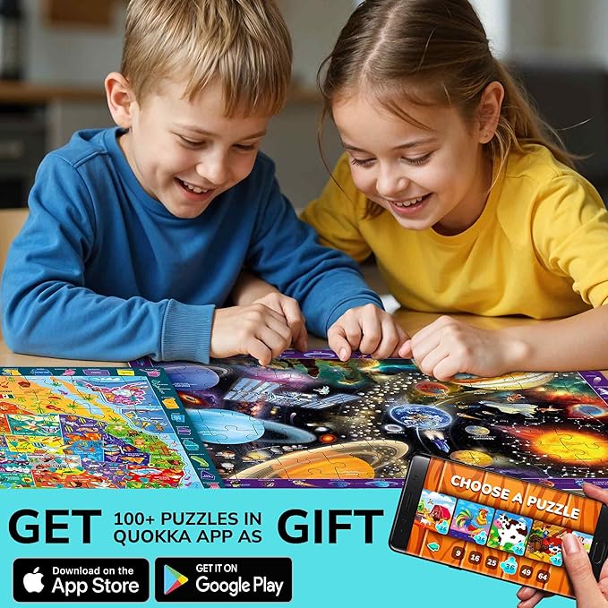 QUOKKA Puzzles for Kids Ages 4-6 - 3 Set 100 Piece Puzzles for Toddlers 3-5 - Learning Map of The United States World Space Puzzle - Educational Games for Kids 6-8 - Toys for 3 Year Old Boys and Girls
