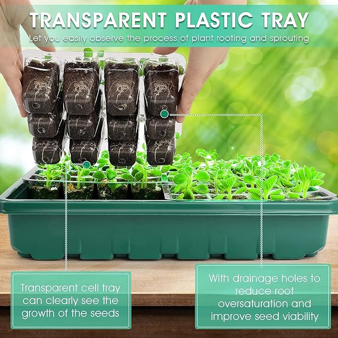 Seed Starter Tray with Grow Light, 192-Cell Seed Starter Kit, Seedling Starter Trays with Humidity Domes, Automatic Timer, Adjustable Light Indoor Gardening Plant Germination Trays