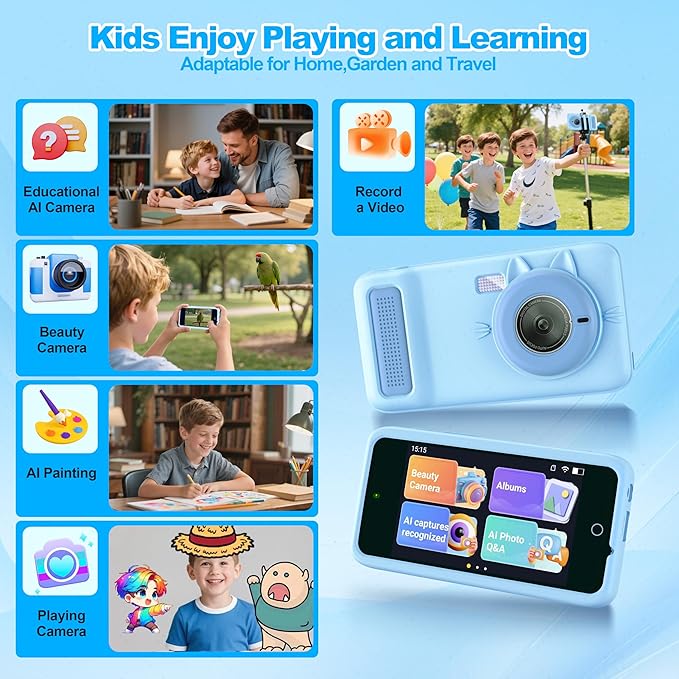 AI Digital Camera for Kids with WiFi for Christmas Birthday Gift for Girls Boys，Touch Screen HD Camera for Home Travel Garden,Kids Toys for 4 5 6 7 8 9 10 11 12 with 32GB SD Card Blue