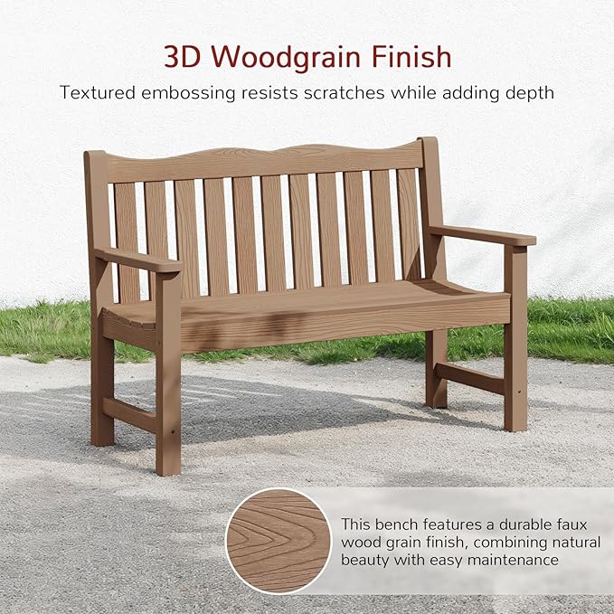 Outdoor Bench, 2-Person Poly Lumber Garden Bench, All-Weather Outside Bench with 800 lbs Weight Capacity, Never Rot or Fade, Looks Like Real Wood, Teak