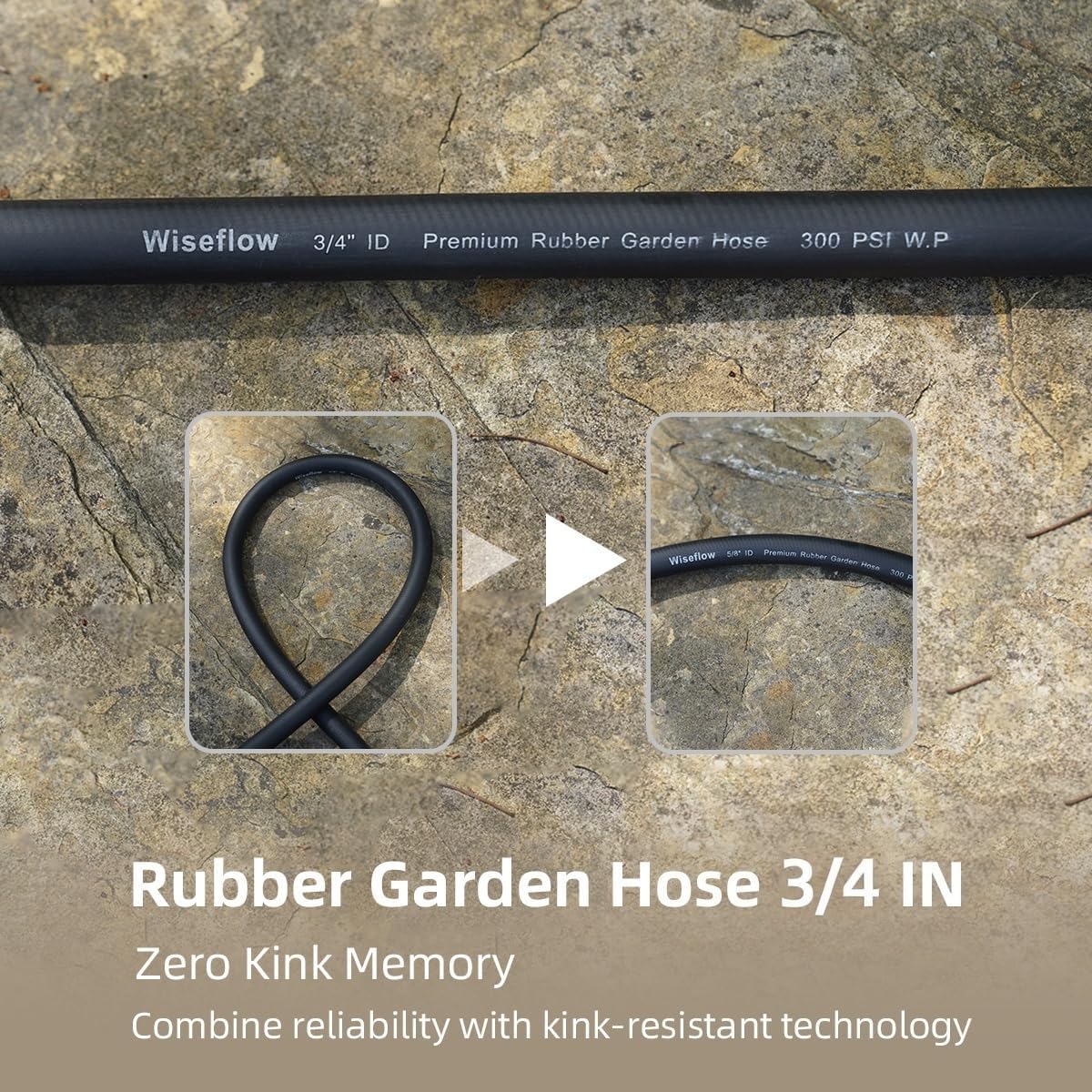 WiseFlow Garden Hose 100FT x 3/4", Heavy Duty Rubber Hose, 1000PSI Burst, 300PSI Working, Water Hose with Five Layered Braiding, Male Female Fittings (Black)