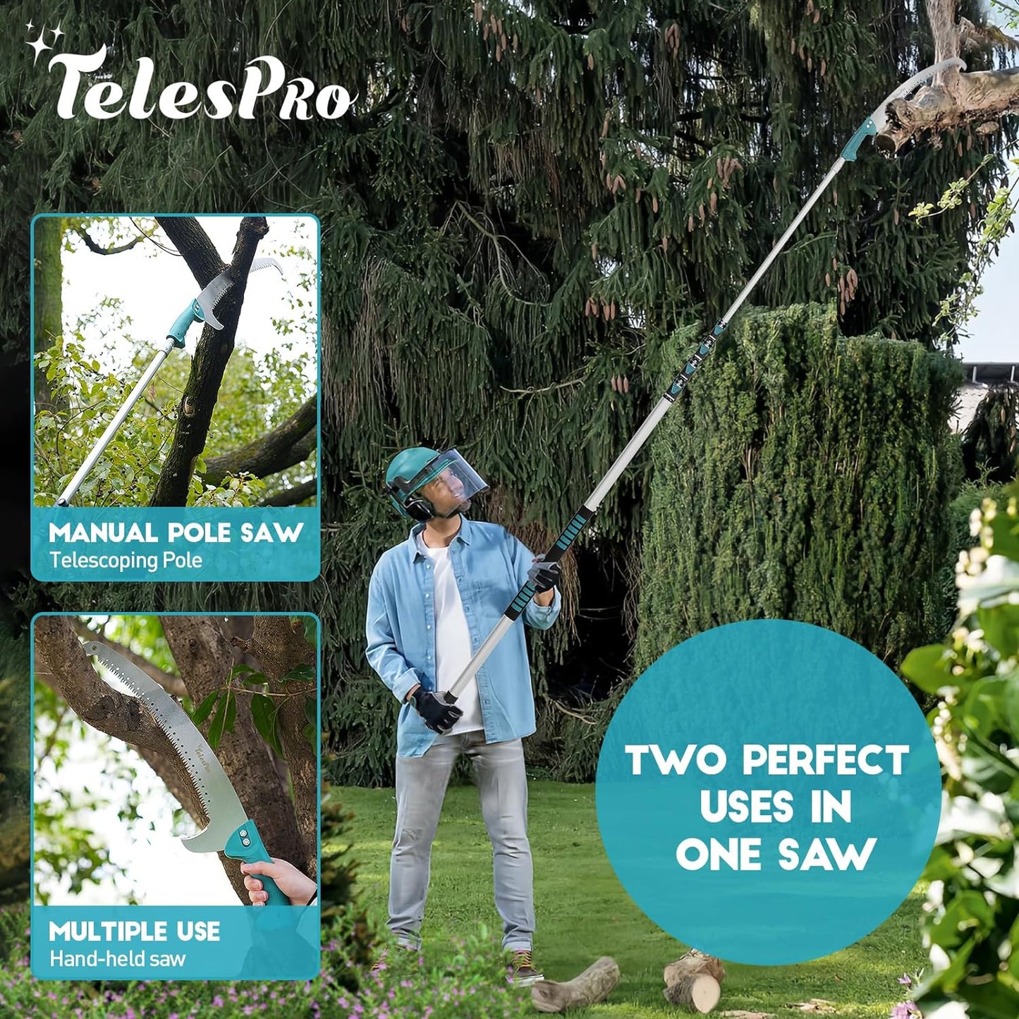 Extendable Tree Trimmer: Manual Pole Saw | 6-24ft Telescoping Pruning Pole for Tree Trimming | Saw Attachment, Safety Goggles, and Gloves Included | Trim Branches up to 2" Diameter