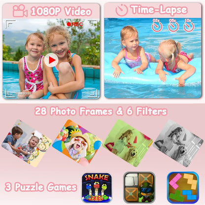 Agoigo Kids Waterproof Camera - Children Underwater HD Video Digital Camcorder, Portable Travel Toy for Toddler - Ideal Christmas Birthday Gifts for Boys Girls Age 3-12 with 32GB Card (Pink)