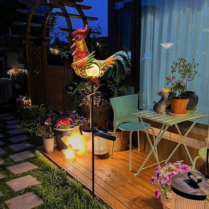 Tryme Rooster Solar Lights Outdoor Decorative Garden Statue Gifts for Chicken Lovers Women Mother Metal Yard Art for Lawn