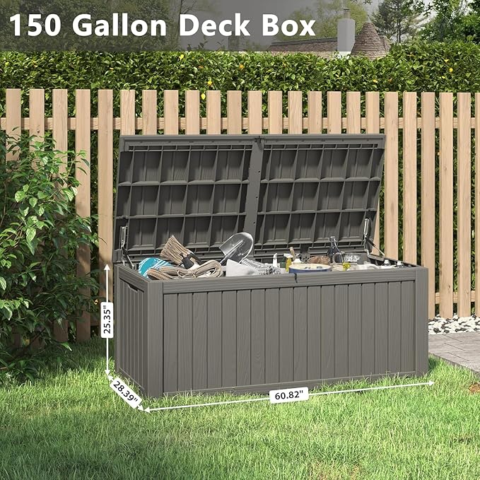 NUNU LAB 150 Gallon Outdoor Storage Box,Resin Large Sturdy Deck Box, Backyard Outside Storage Box Waterproof with Double Wall Panels,Package Delivery,Garden Outdoor Hose Bin