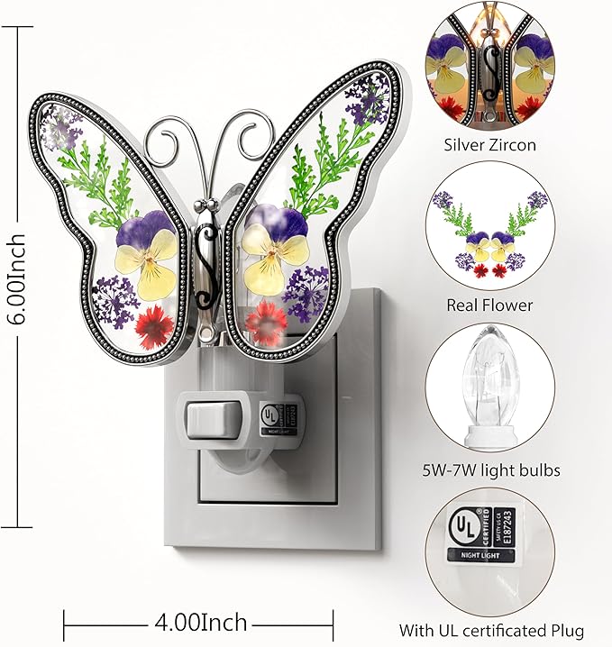 KY&BOSAM Butterfly Night Light Plug into Wall Night Lights Real Flower Glass and Metal Nightlights for Hallway Nursery Bedroom Bathroom Kids Room Kitchen Stairway Accent Elegant Themed Home Decoration