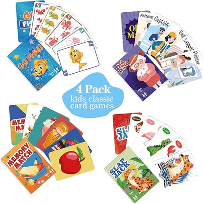 Card Games Go Fish,Old Maid,Slap Jack and Memory Match-4 Decks in 1 Pack,Classic Card Games for Kids Toddlers,Fun Kids Games for Family Party Game Night,Stocking Stuffers Gifts for Boys and Girls