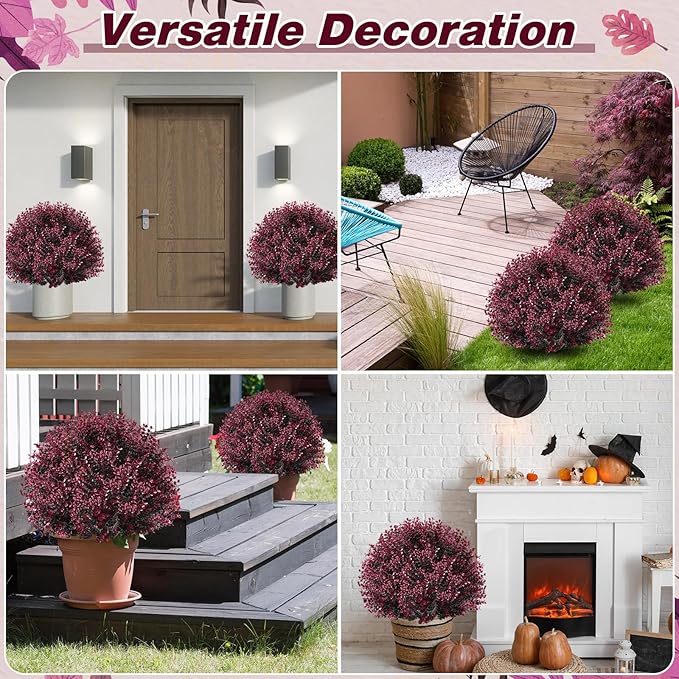 Yunlly 4 Pcs 18 Inch Artificial Boxwood Ball Topiary Tree Fake Outdoor Plants Bush, UV Resistance Faux Shrub with Spike Realistic Greenery Potted for Indoor Garden Yard Porch Patio Decor (Dark Purple)