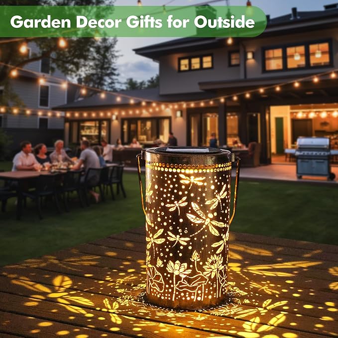Fabuday Dragonfly Lotus Outdoor Solar Lantern Waterproof - Hanging Solar Power Lights Led for Outside, Garden Decor for Patio, Porch, Balcony, Yard and Deck, Gardening Decorations Gifts for Women Mom