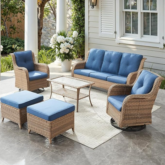 Outdoor Wicker Patio Furniture Set - 6 Piece Rattan Patio Conversation Set with 2 Rocking Swivel Chairs,2 Ottomans,1 Sofa and 1 Coffee Table for Porch Deck Backyard Garden(Yellow/Blue)