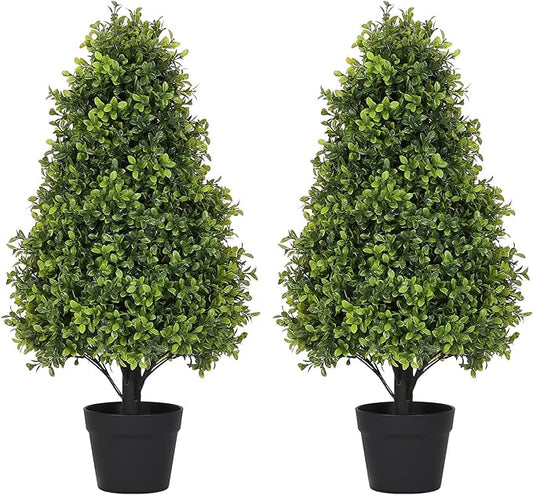 30" Artificial Boxwood Faux Plants Outdoor, UV Resistant Topiary Trees Realistic Cone-Shaped Fake Bushes and Shrubs Potted Fakeplants Set of 2 for Front Porch Patio Outside Planter Decor