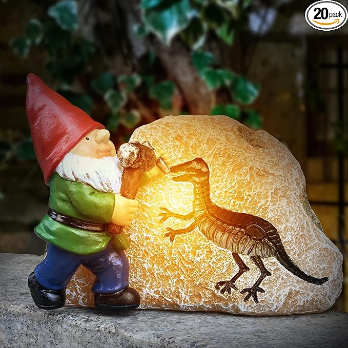 Garden Gnome Statues-Solar Gnomes Statues-Outdoor Gnome Figurine Decor Dinosaur Resin Decoration for Patio Yard Lawn Ornament Gnomes Gift for Woman 5.5 Inches