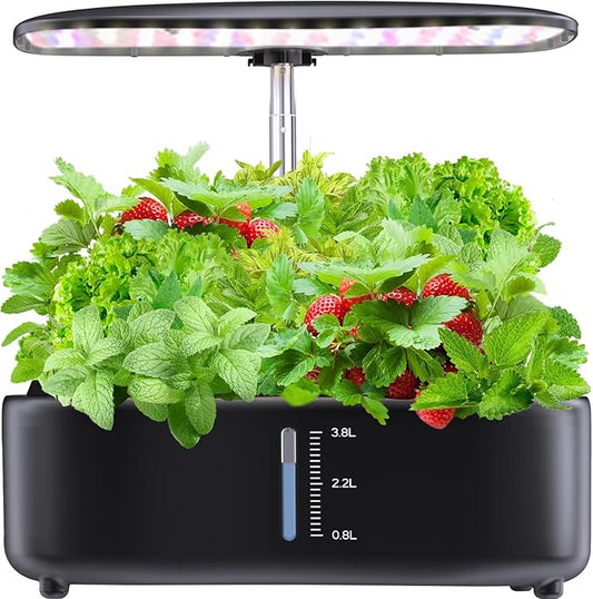 Hydroponics Growing System Kit 12Pods, Birthday Gifts for Mom Women, Herb Garden Indoor with LED Grow Light for Home, Adjustable Height Up to 17", 12Pods,Auto-Timer (Black)