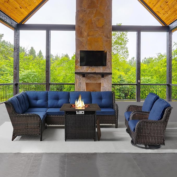 Outdoor Sectional Furniture Sofa Set with Propane Fire Pit Table, Wicker Patio Conversation Set with 2 Swivel Rocker Glider Chairs Blue Cushion Perfect for Backyard Casual Gathering