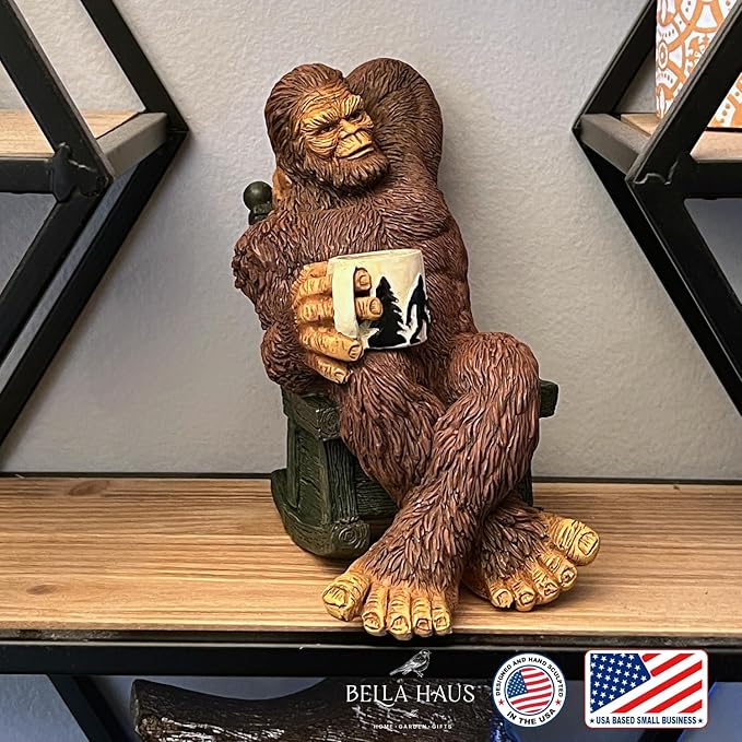 Bella Haus Bigfoot Garden Statue | Sasquatch Enjoying Morning Coffee | Whimsical Bigfoot Cabin Décor for Yard Patio Office or Home | Mythical Coffee-Loving Sasquatch Figurine | Hand-Painted Resin