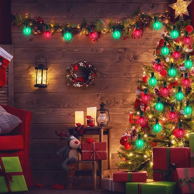 G40 LED Outdoor Christmas String Lights 50FT Hanging Globe String Lights with 27 LED Shatterproof Frosted Red Green Lights(2 Spare), Waterproof Patio String Lights for Balcony Backyard Pergola Decor