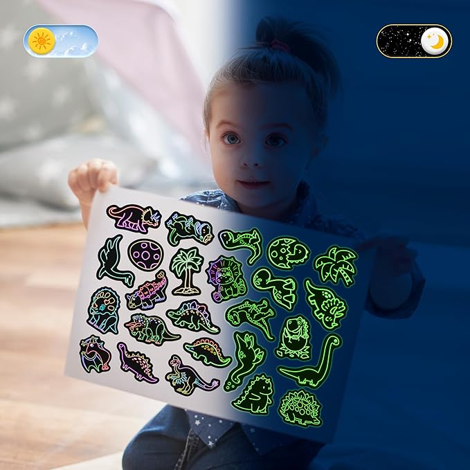 51 Pcs Neon Dinosaur Stickers for Kids Glow in The Dark, Dinos Sticker for Water Bottle, Vinyl Waterproof Laptop Decals for Teens Girls Boys, Students Adults Sticker Pack