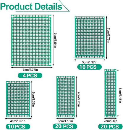64 pcs Green PCB Board - Double Sided Circuit and perf Board with 5 Sizes for DIY Electronics, Compatible with Bread Boards and Soldering Projects