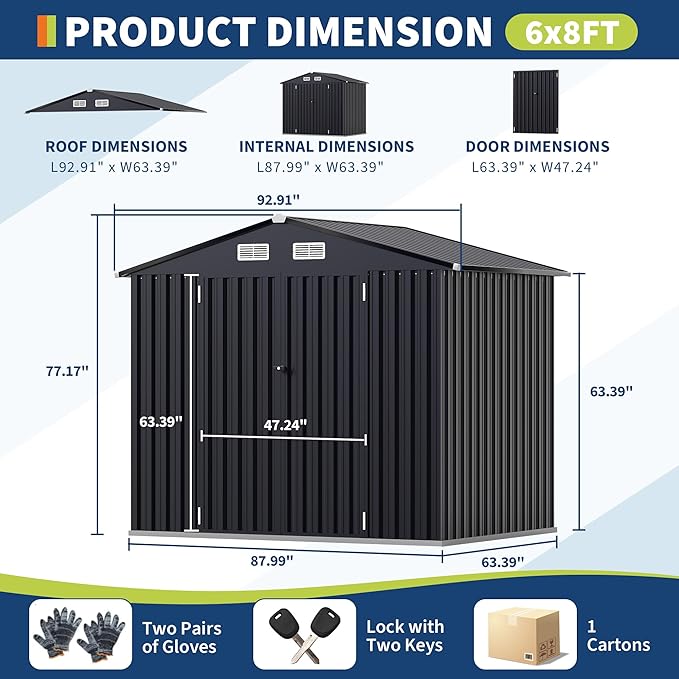 6x8 FT Metal Storage Sheds Outdoor, Metal Yard Sheds MetalGarden Shed Kit, MetalTool Shed with Lockable Door, Utility Buildings with Air Vent for Backyard Garden Patio Lawn