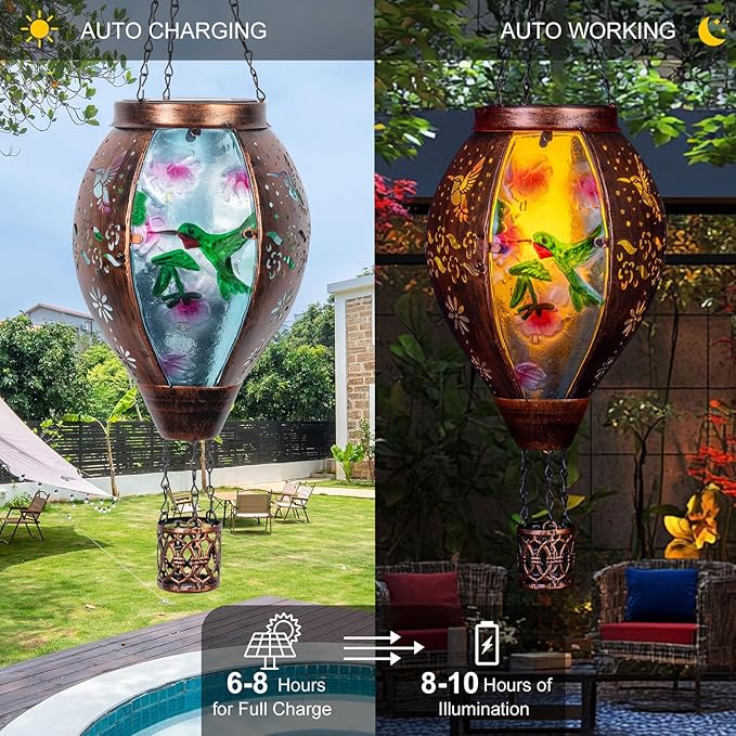 Hummingbird Hot Air Balloon Solar Lantern, Metal & Glass Flickering Flame Light Solar Lantern, Hanging Waterproof Solar Lanterns Outdoor for Garden Patio Tree Decoration