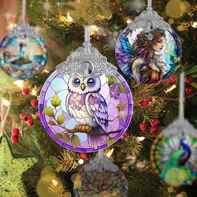 Stained Glass Suncatcher, Jocidea Owl Ornament, Christmas Ornaments, Holidays Ornaments, Christmas Tree Decor, Owl Decor for Home, Owl Gifts