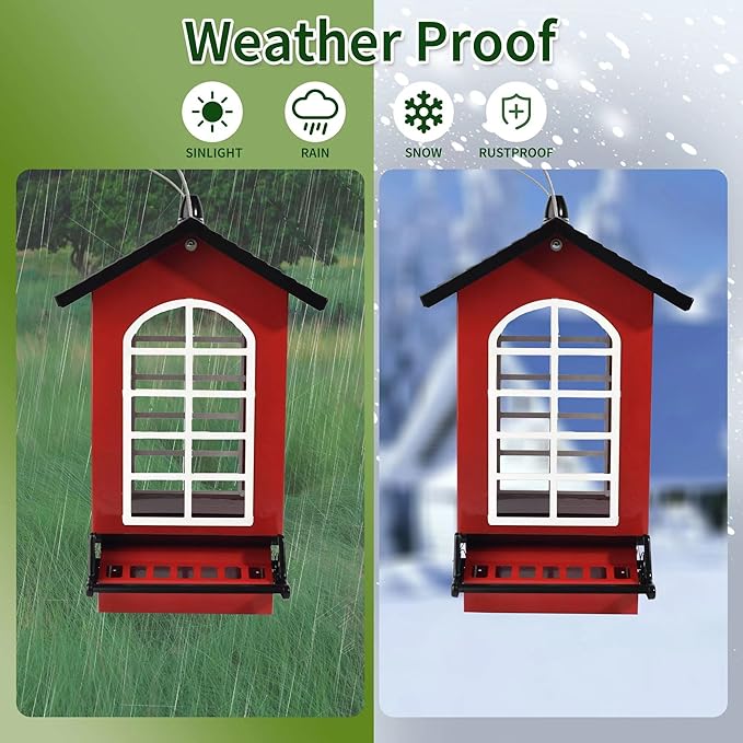 Bird Feeder Squirrel Proof Metal Hanging for Outdoor Wild Bird Seed, 5LBS with Bilateral Weight-Activated Perches, Heavy Duty Bird Feeders for Outside Wild Bird - Red