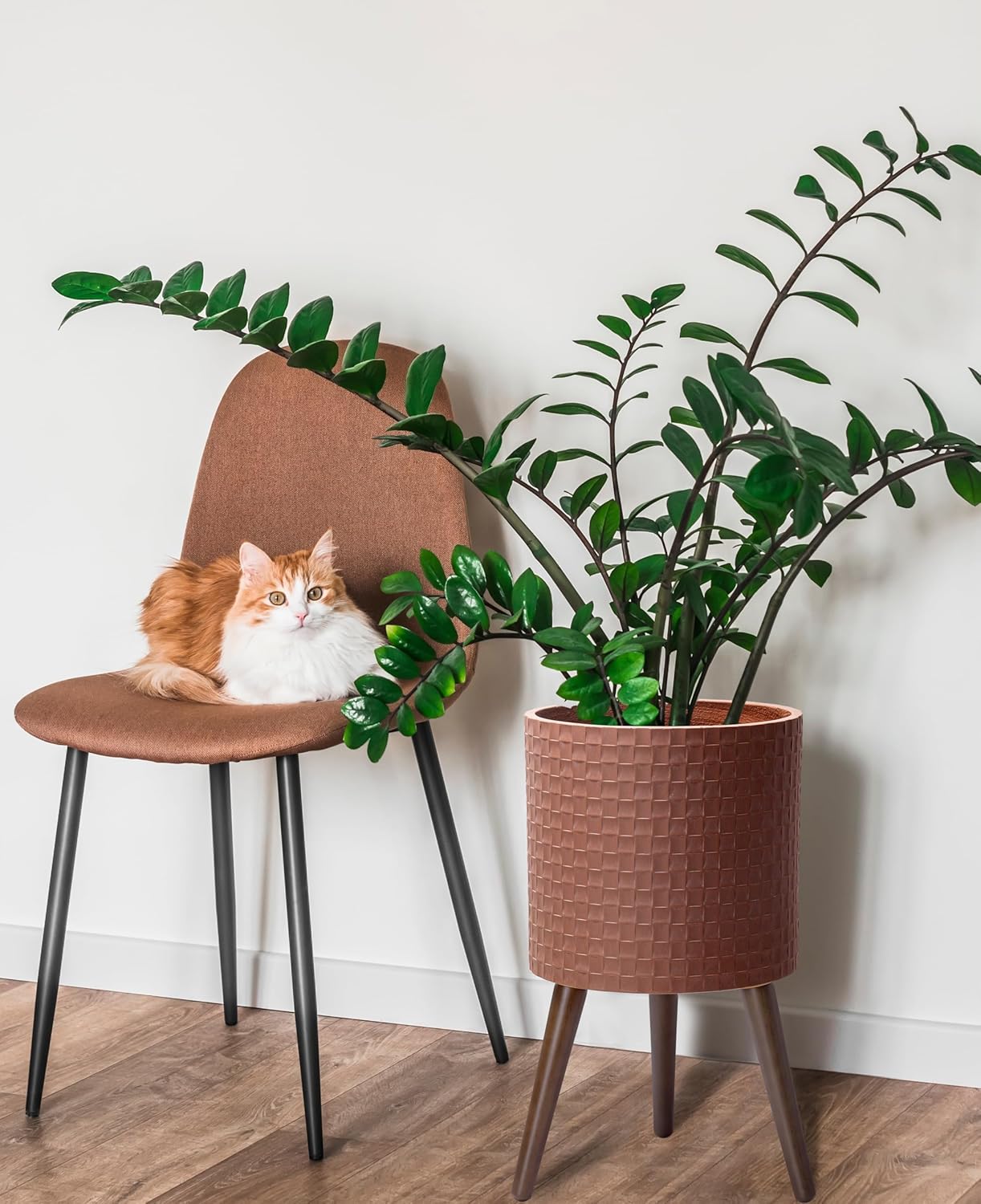 D'vine Dev 12 Inch Modern Geometric Tile Patterned Sleek Planter Pot with Stand, Indoor Outdoor Decorative Plant Holder, Terra Cotta, 88-Z-C-3