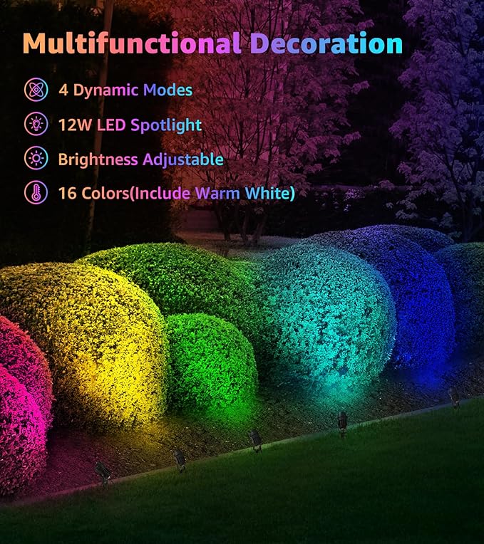 SUNVIE Christmas Spotlights Outdoor Spotlight 12W RGB Color Changing Landscape Lights 120V RGB Landscape Lighting Waterproof LED Spot Lights Outdoor Spotlight for Decorations Yard Garden Patio,4 Pack