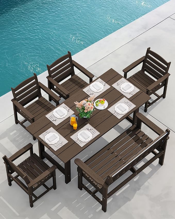 SERWALL Outdoor Bench, HDPE Outdoor Benches Weatherproof, 2-Person Garden Bench with 660 lbs Weight Capacity, Patio Benches for Outdoors, Garden, Porch, Backyard and Park, Coffee, 2 Pack