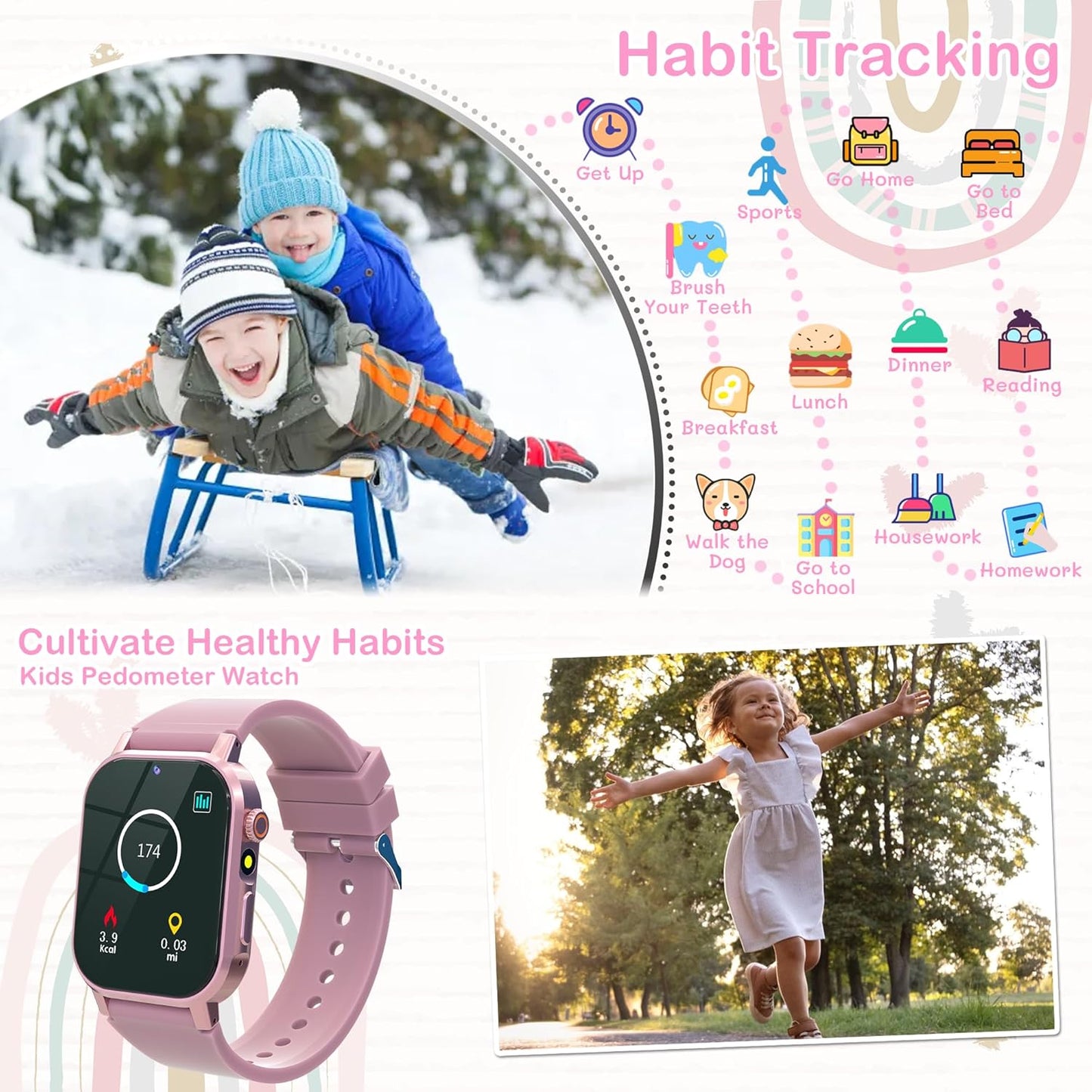 Kids Smart Watch for Girls Age 5-12, 32 Games HD Touch Screen Girls Watch with Camera Video Music Player Pedometer Flashlight 12/24 hr Gifts for 6 7 8 9 10 Year Old Girl Birthday Gift